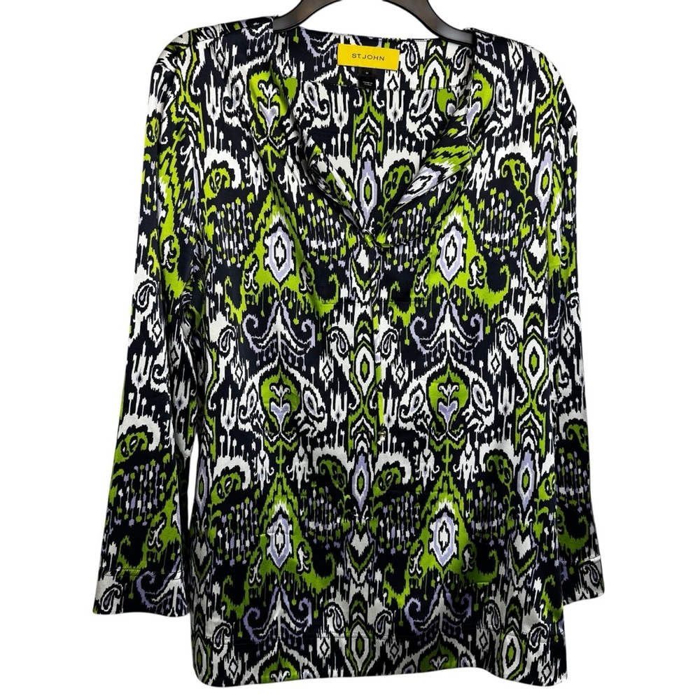 St. John Vibrant Green and Black Abstract artsy printed silk tunic top Medium